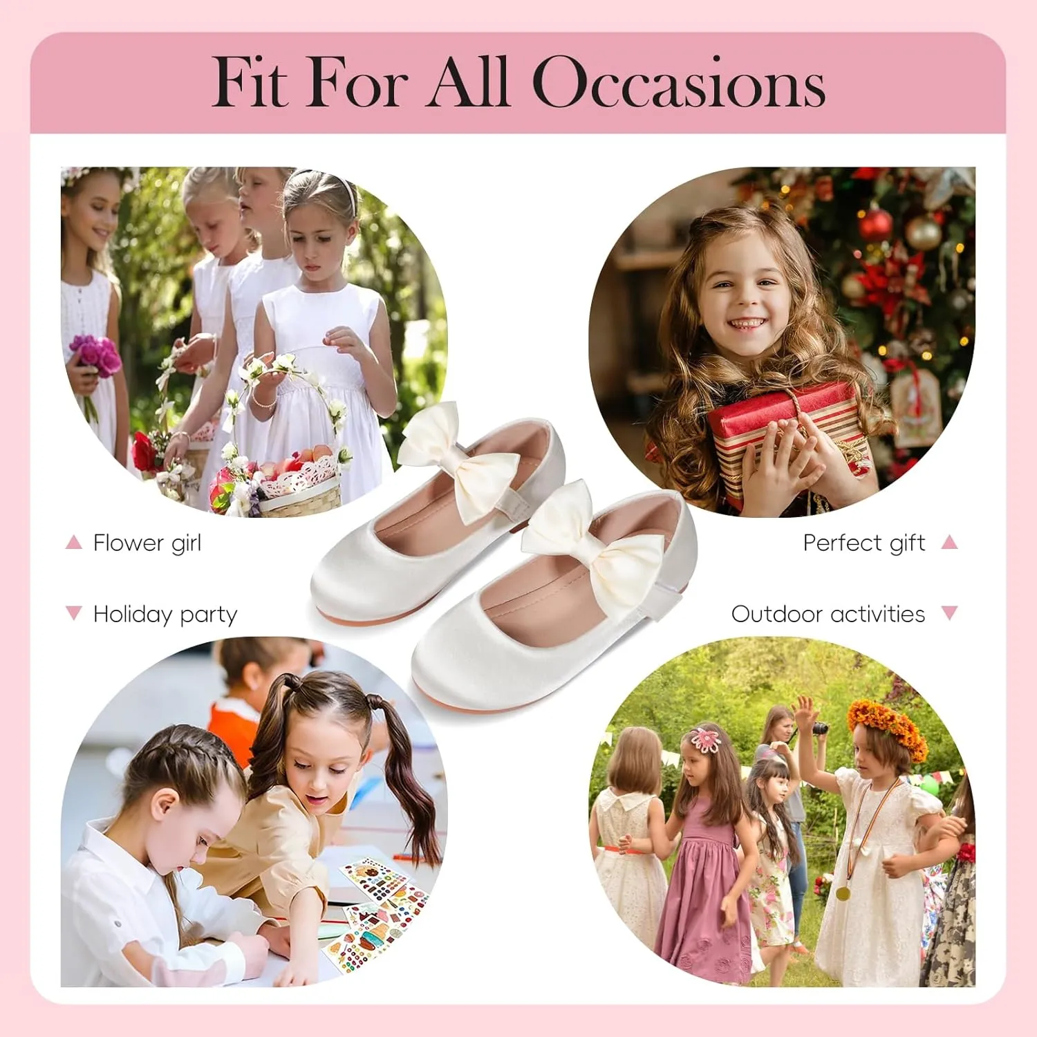 Girls' Mary Jane Ballet Flats - Bow & Velcro Strap Princess Shoes for Wedding, Party, School | Comfortable Non-Slip Satin Dress Shoes