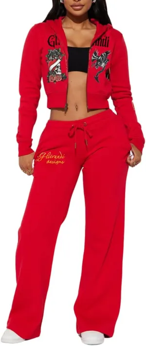 Glitrandi Womens 2 Piece Outfits Fashion Print Cropped Hoodies Jacket Sweatpants With Pockets Tracksuit For Women