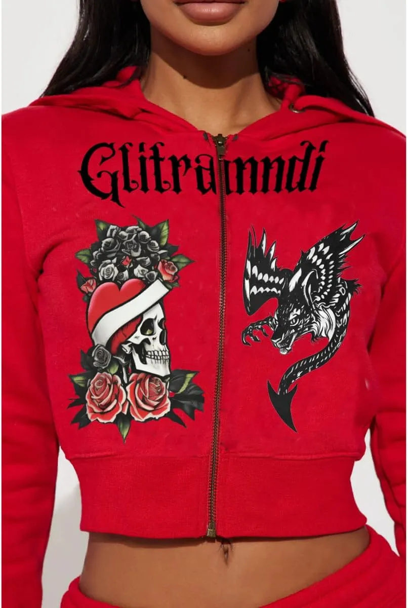Glitrandi Womens 2 Piece Outfits Fashion Print Cropped Hoodies Jacket Sweatpants With Pockets Tracksuit For Women