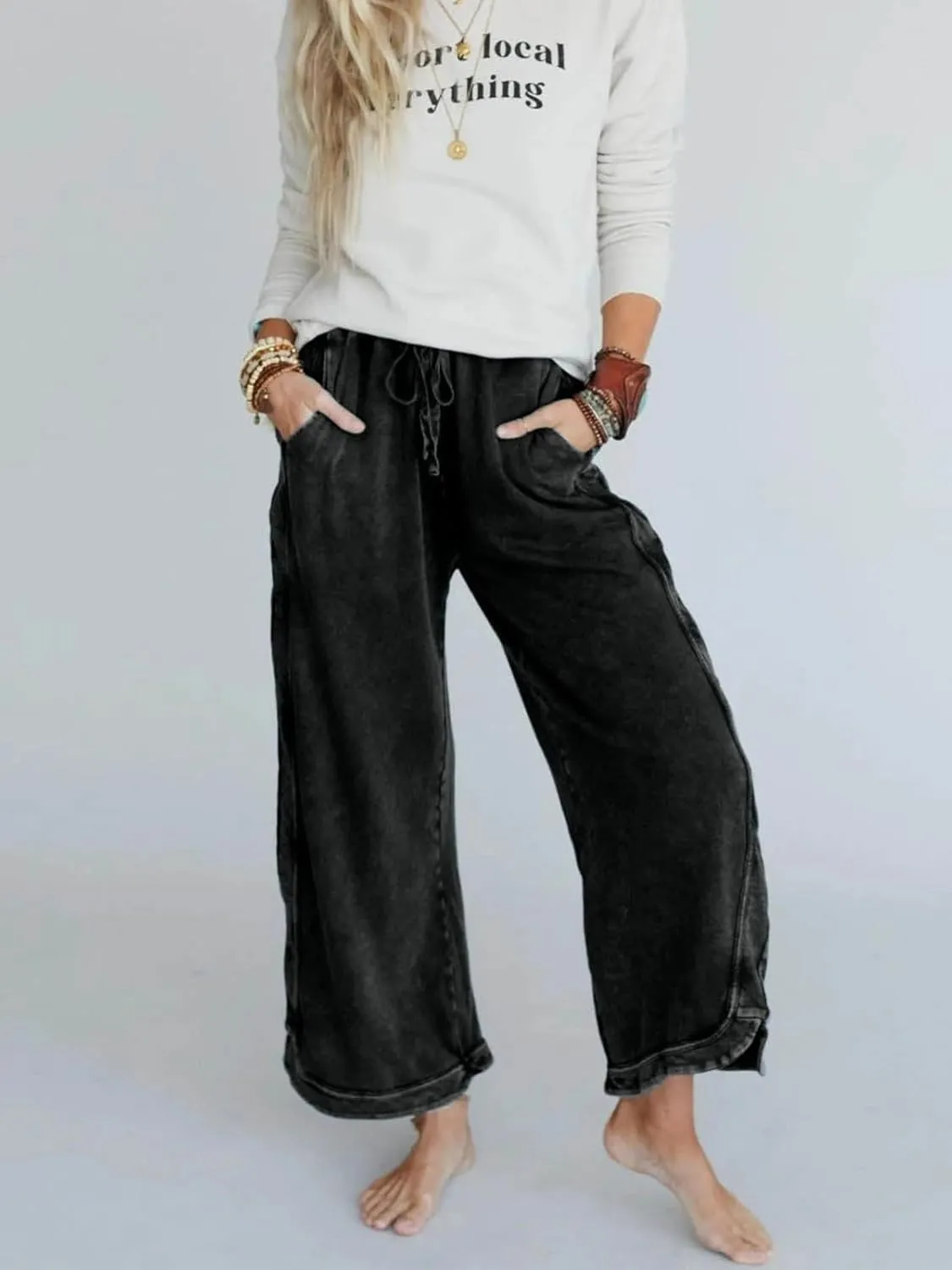 Gnveub Women's Yoga Pants Lightweight Wide Leg Sweatpants High Waisted Drawstring Loose Lounge Pant with Pockets
