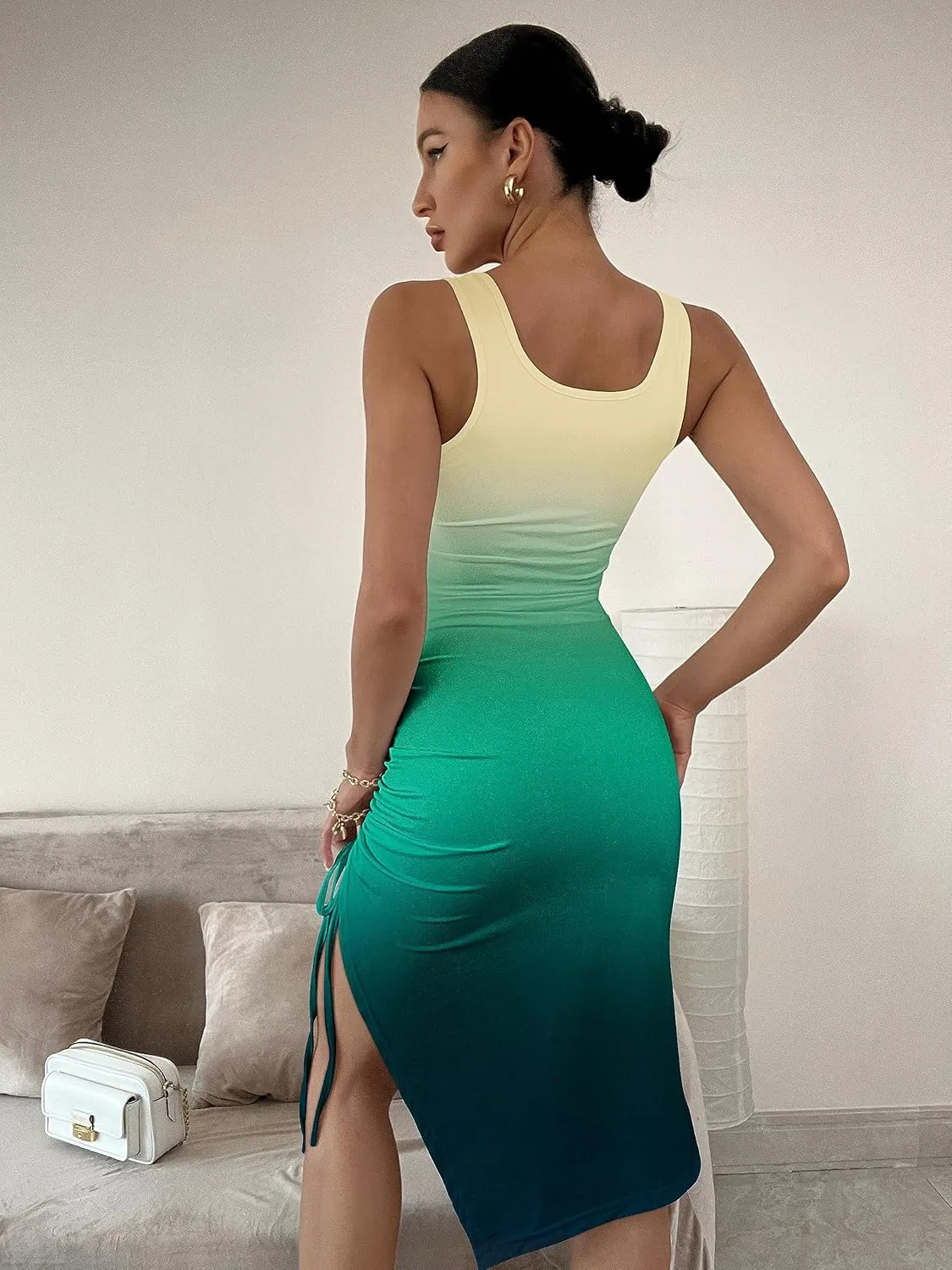 GOKATOSAU Women's Summer Sexy Sleeveless Side Split Bodycon Ruched Midi Tank Dress