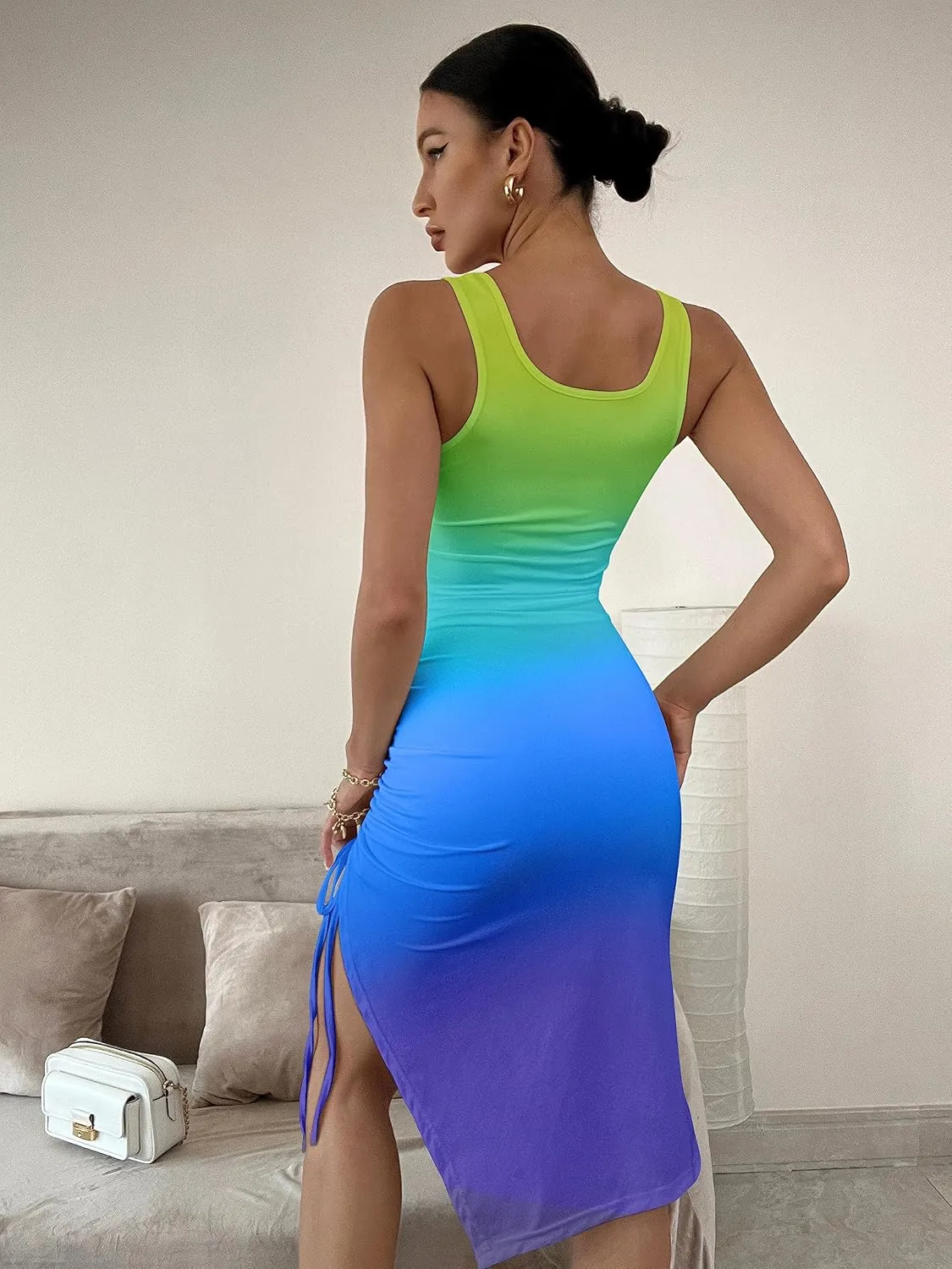GOKATOSAU Women's Summer Sexy Sleeveless Side Split Bodycon Ruched Midi Tank Dress