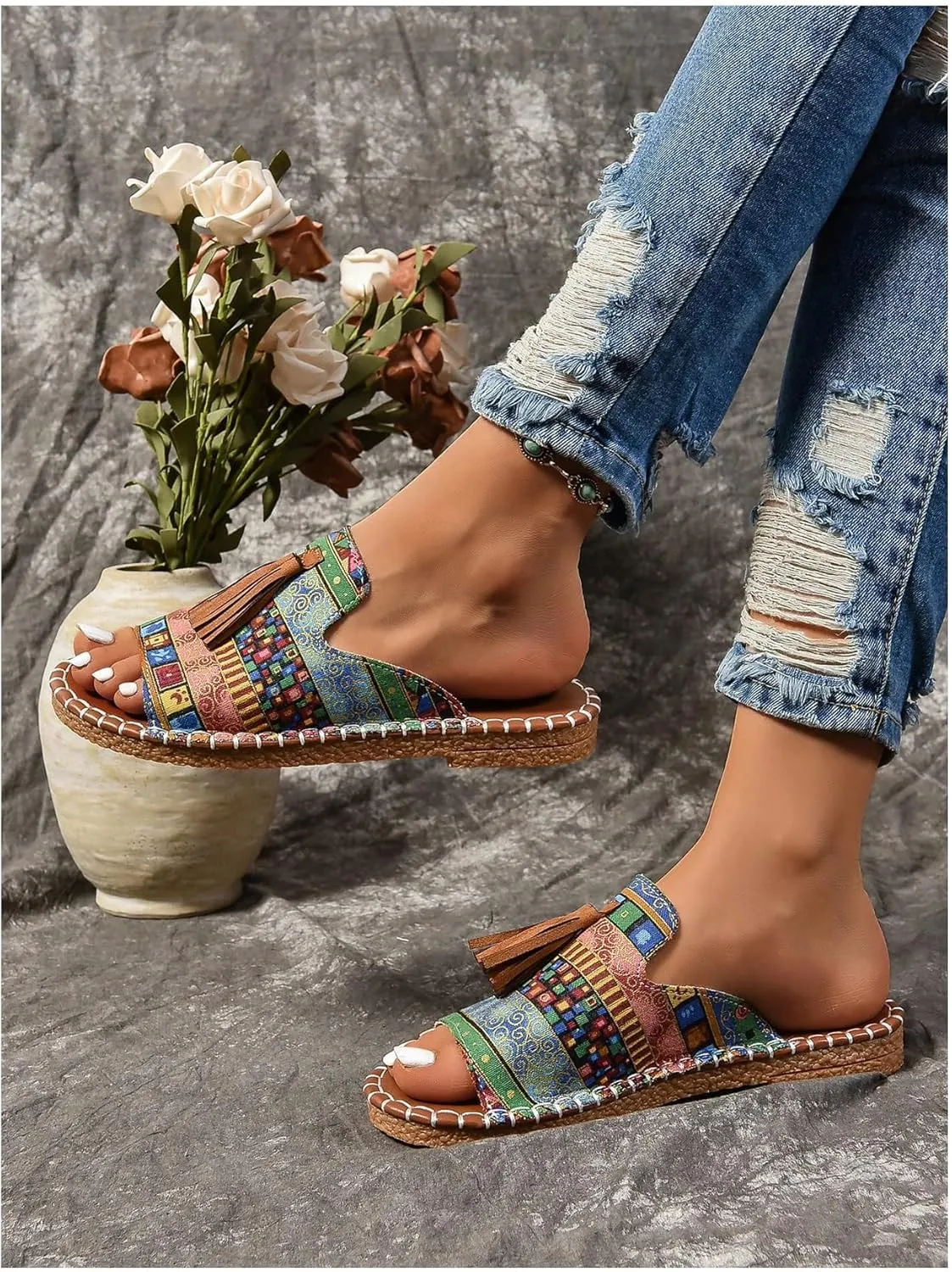 GORGLITTER Women's Rainbow Colorful Summer Flat Sandals 2025 Boho Beach Vacation Slides Shoes