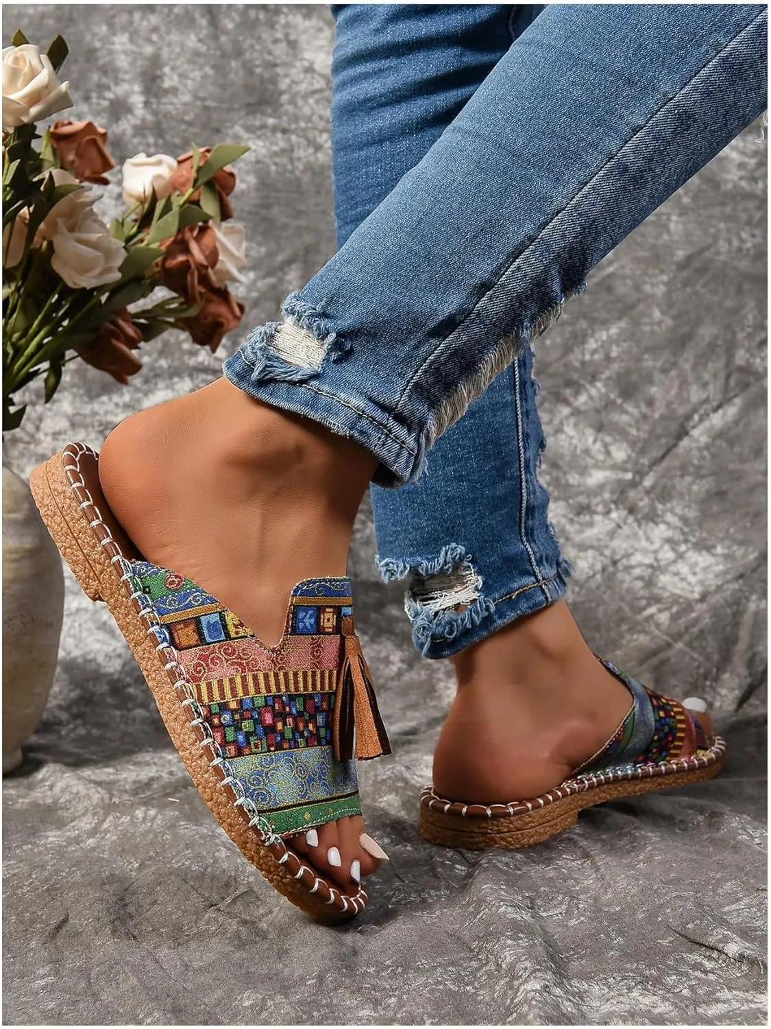 GORGLITTER Women's Rainbow Colorful Summer Flat Sandals 2025 Boho Beach Vacation Slides Shoes