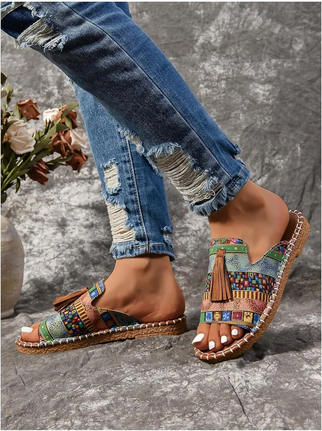 GORGLITTER Women's Rainbow Colorful Summer Flat Sandals 2025 Boho Beach Vacation Slides Shoes