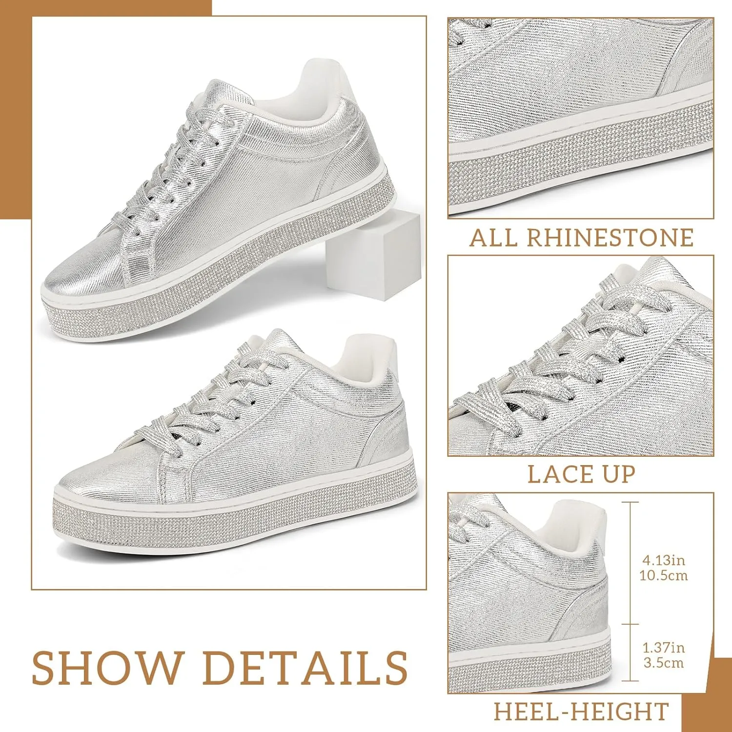 GOSERCE Women's Fashion Sneakers with Sparkly Glitter Rhinestone Sneakers Platform Tennis Shoes Trendy Cute Comfortable Casual Dressy Wedding Bridal Walking Concert Fall