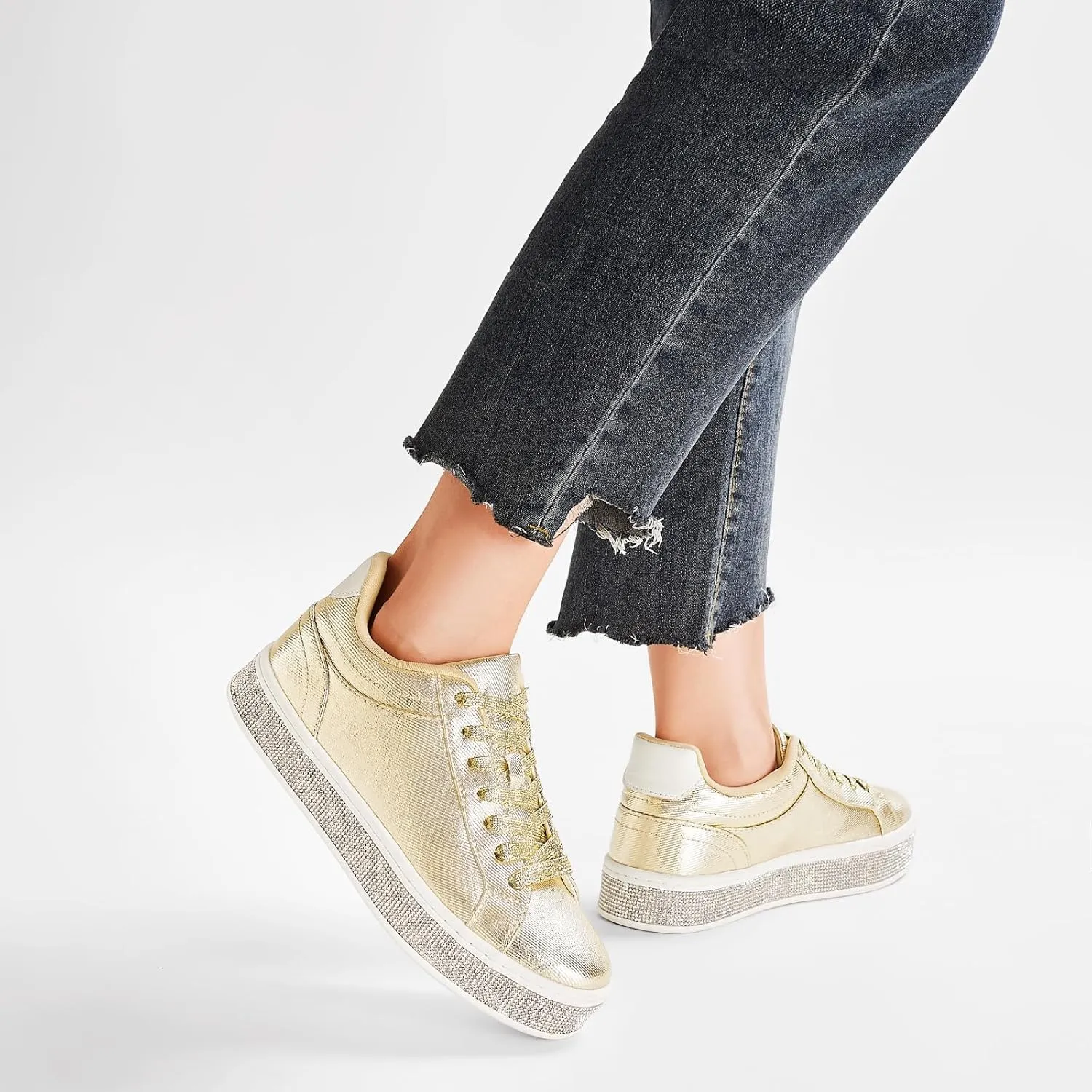 GOSERCE Women's Fashion Sneakers with Sparkly Glitter Rhinestone Sneakers Platform Tennis Shoes Trendy Cute Comfortable Casual Dressy Wedding Bridal Walking Concert Fall