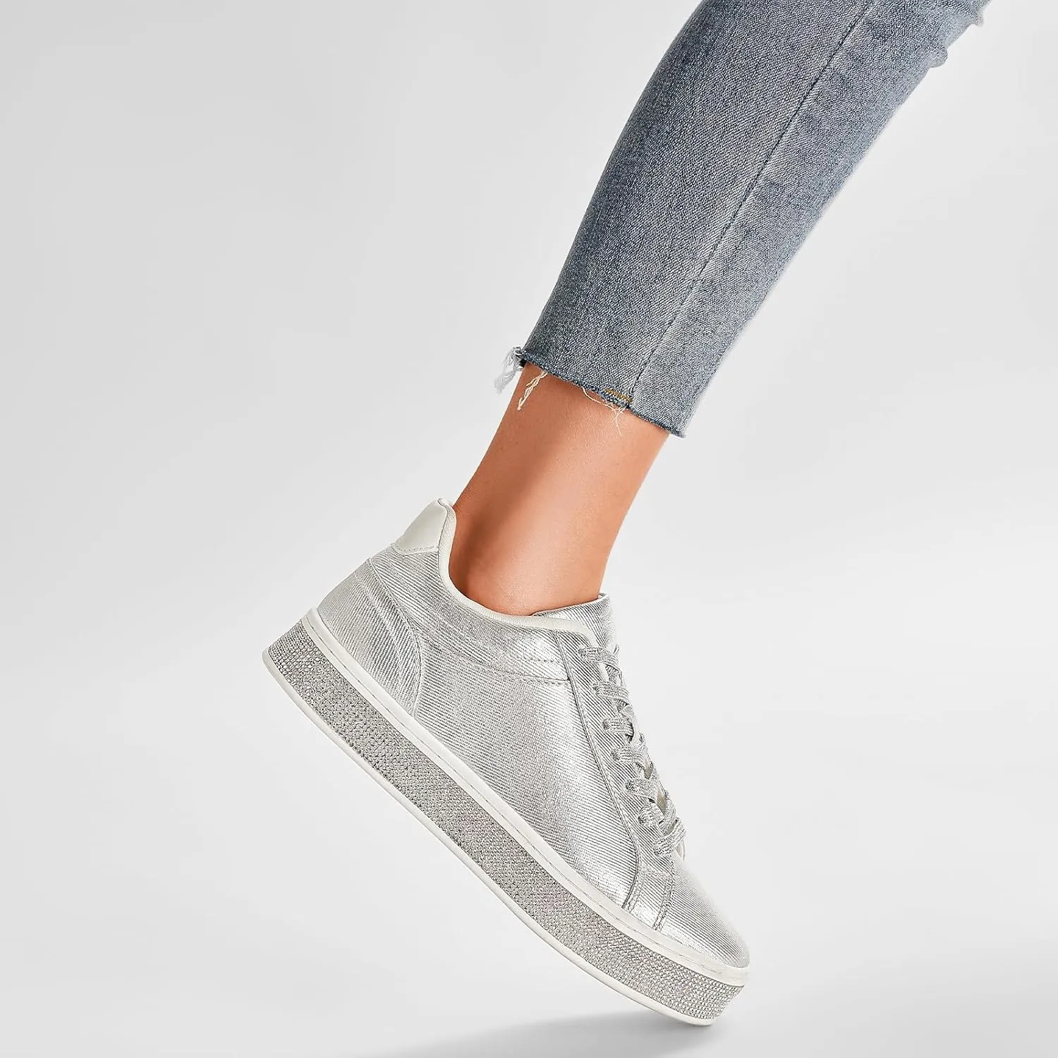 GOSERCE Women's Fashion Sneakers with Sparkly Glitter Rhinestone Sneakers Platform Tennis Shoes Trendy Cute Comfortable Casual Dressy Wedding Bridal Walking Concert Fall