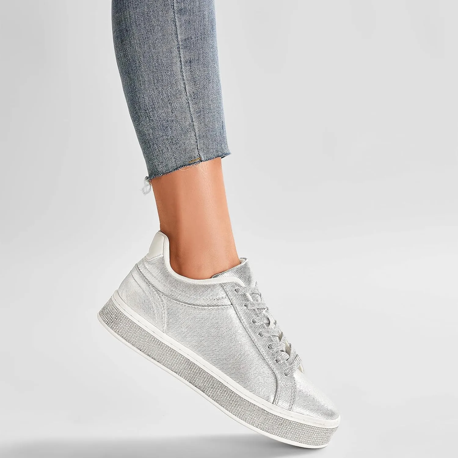 GOSERCE Women's Fashion Sneakers with Sparkly Glitter Rhinestone Sneakers Platform Tennis Shoes Trendy Cute Comfortable Casual Dressy Wedding Bridal Walking Concert Fall