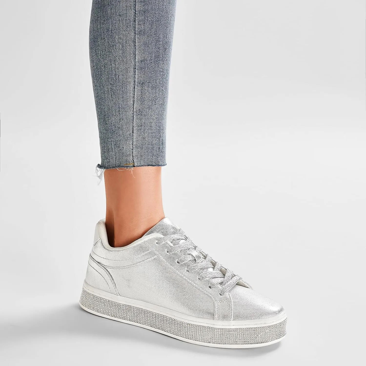 GOSERCE Women's Fashion Sneakers with Sparkly Glitter Rhinestone Sneakers Platform Tennis Shoes Trendy Cute Comfortable Casual Dressy Wedding Bridal Walking Concert Fall