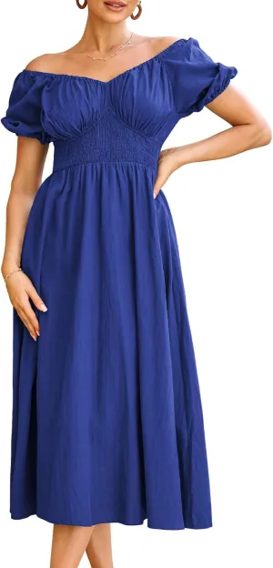 GRACE KARIN 2024 Women's Summer V Neck Smocked Cotton Dresses Short Puff Sleeve Flowy A Line Maxi Dress with Pockets