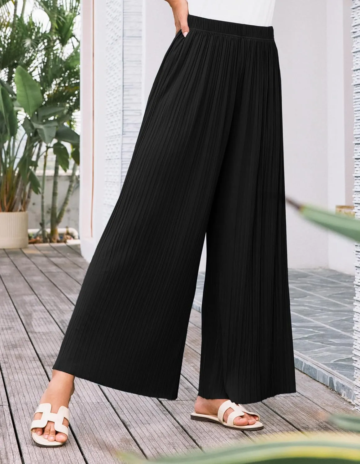 GRACE KARIN Womens Casual Wide Leg Pants Pleated High Elastic Waist Flowy Loose Beach Palazzo Pants Work Trousers Summer