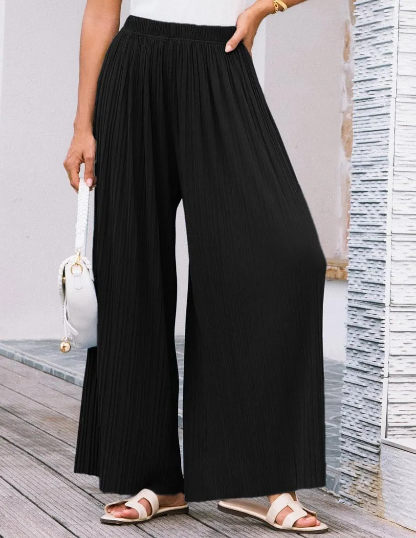 GRACE KARIN Womens Casual Wide Leg Pants Pleated High Elastic Waist Flowy Loose Beach Palazzo Pants Work Trousers Summer