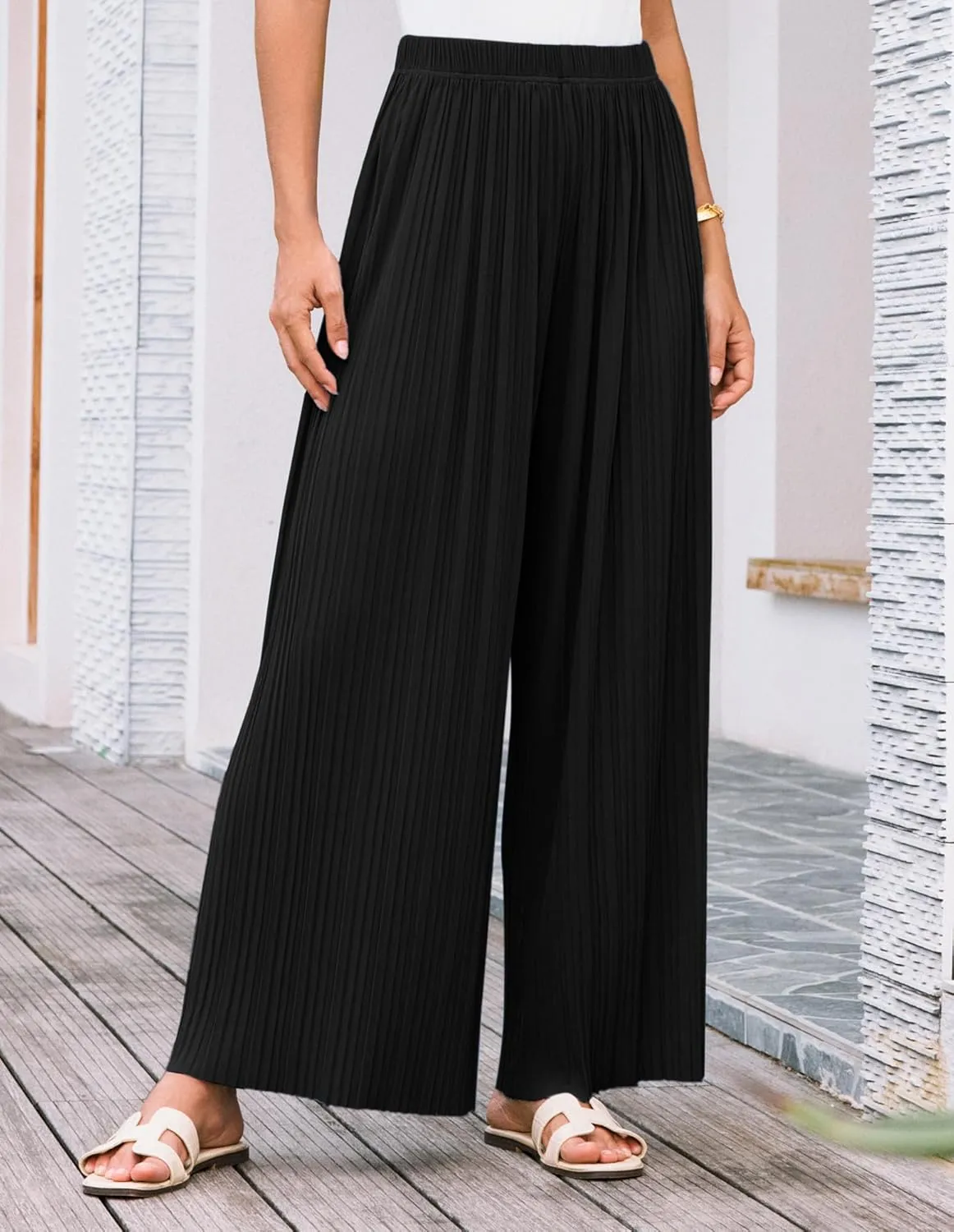 GRACE KARIN Womens Casual Wide Leg Pants Pleated High Elastic Waist Flowy Loose Beach Palazzo Pants Work Trousers Summer