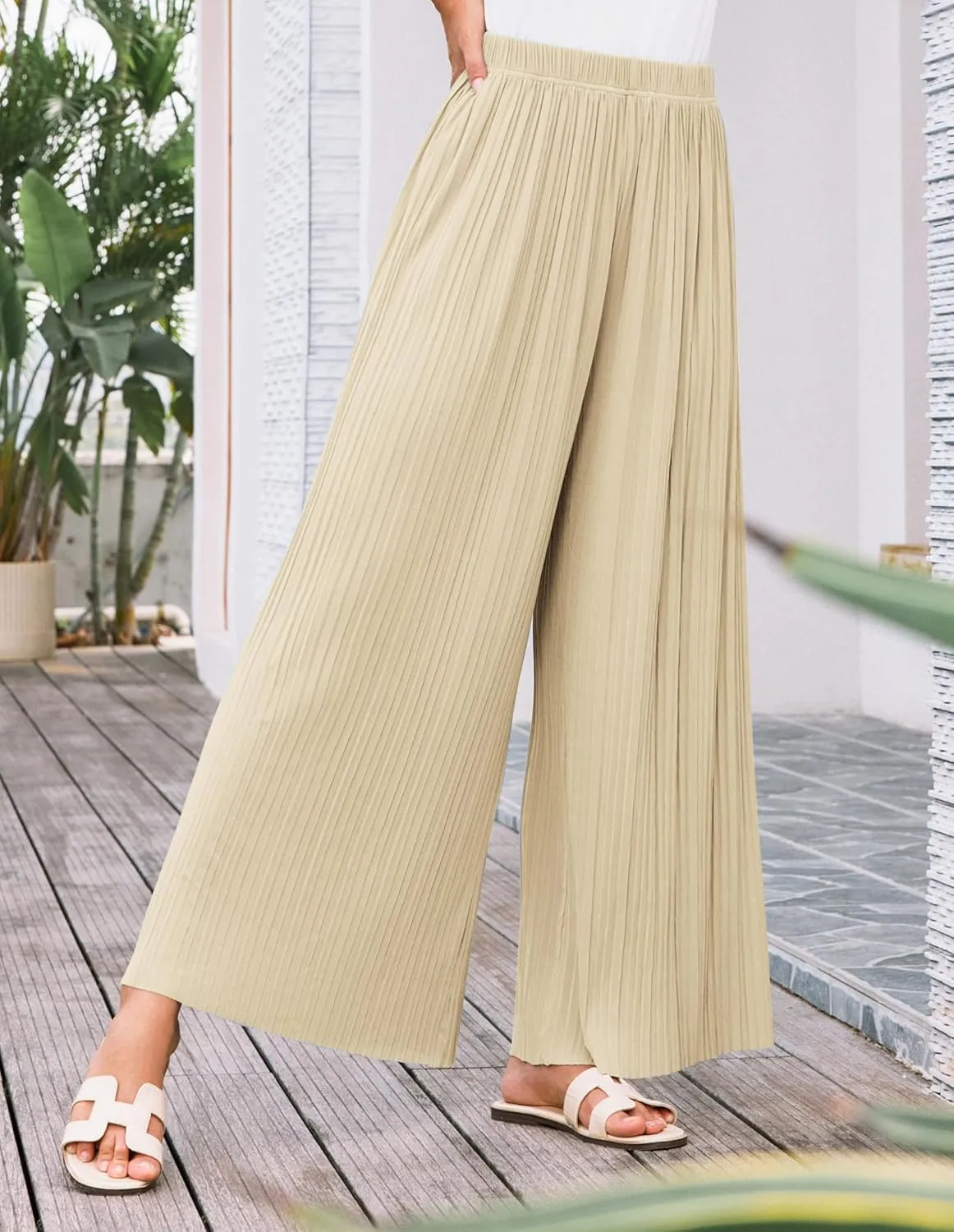 GRACE KARIN Womens Casual Wide Leg Pants Pleated High Elastic Waist Flowy Loose Beach Palazzo Pants Work Trousers Summer