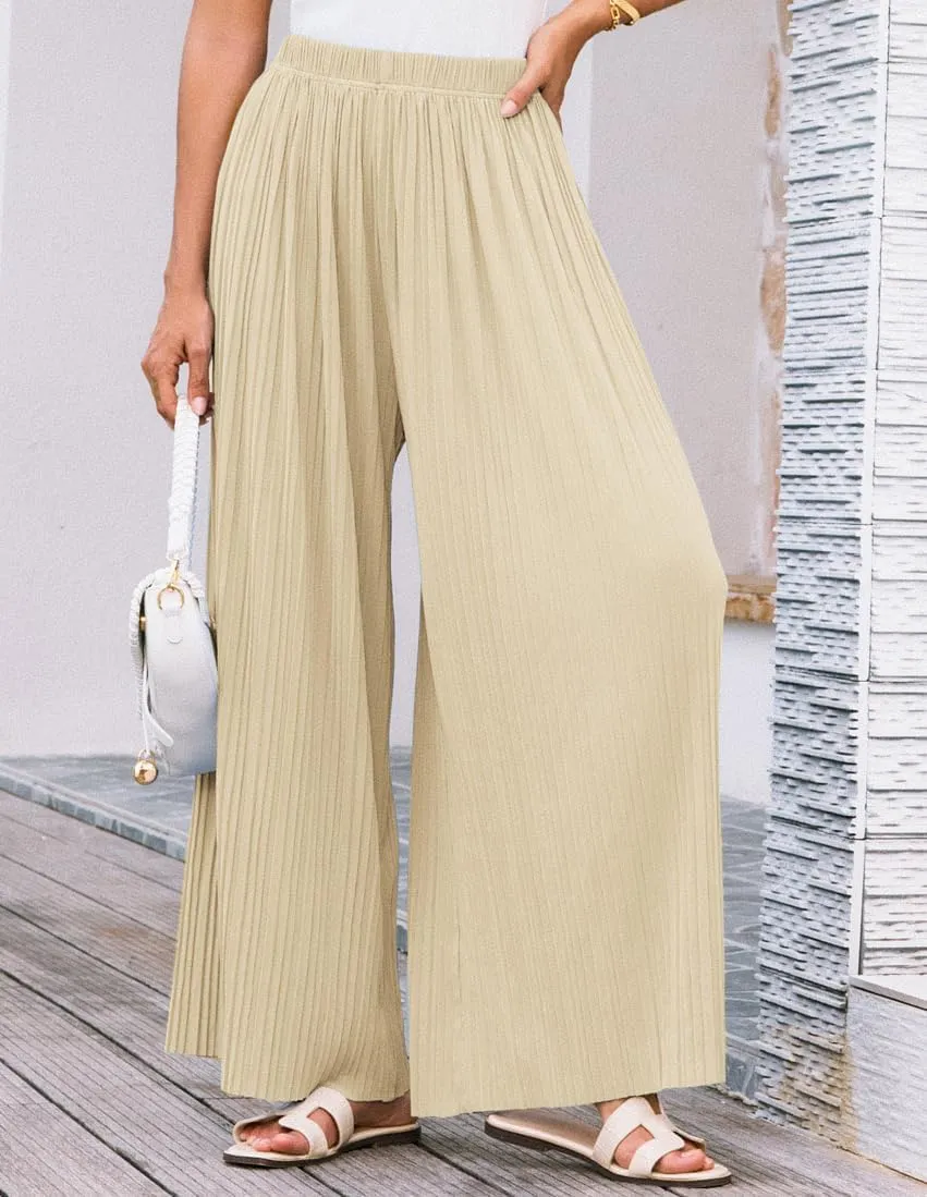GRACE KARIN Womens Casual Wide Leg Pants Pleated High Elastic Waist Flowy Loose Beach Palazzo Pants Work Trousers Summer