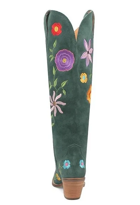 Green Flower Power Suede Embroidered Western Boots - Dingo