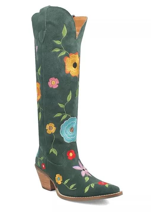 Green Flower Power Suede Embroidered Western Boots - Dingo