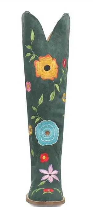 Green Flower Power Suede Embroidered Western Boots - Dingo