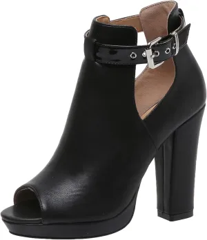 GUNIYIFS Women's Peep Toe Stacked High Heels Sandals Ankle Strap Buckle Heeled Booties Dress Shoes Summer Night Club Prom