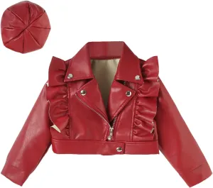 Happy Cherry Baby Girl Faux Leather Motorcycle Jacket Cute Ruffle Spring Fall PU Coat 1-5 Years