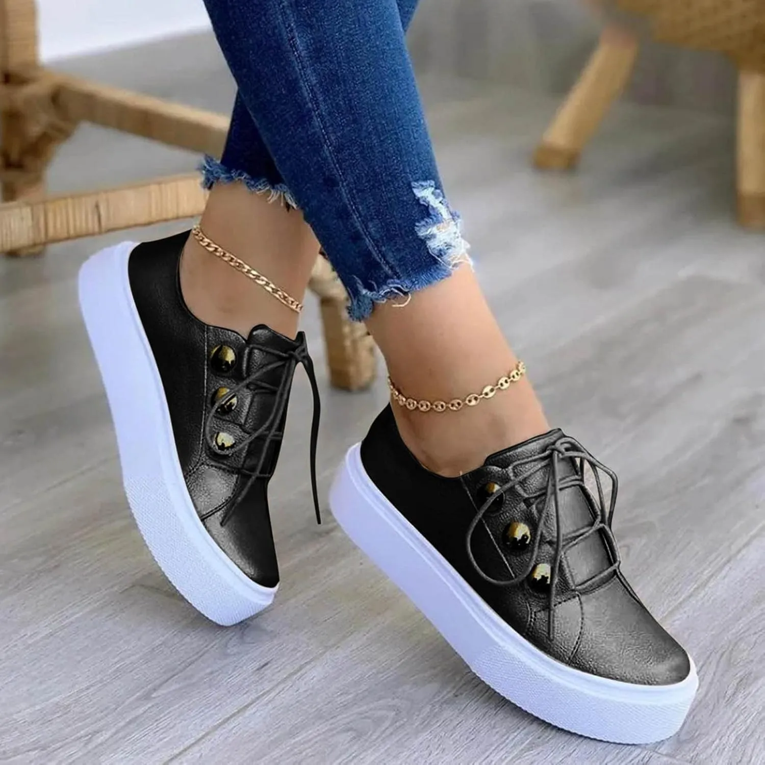 Hbeylia Platform Fashion Sneakers For Women Casual Leather Lace Up Chunky Bottom High Heels Slip On Flats Walking Shoes Low Top Play Sneakers Running Sport Shoes For Girls