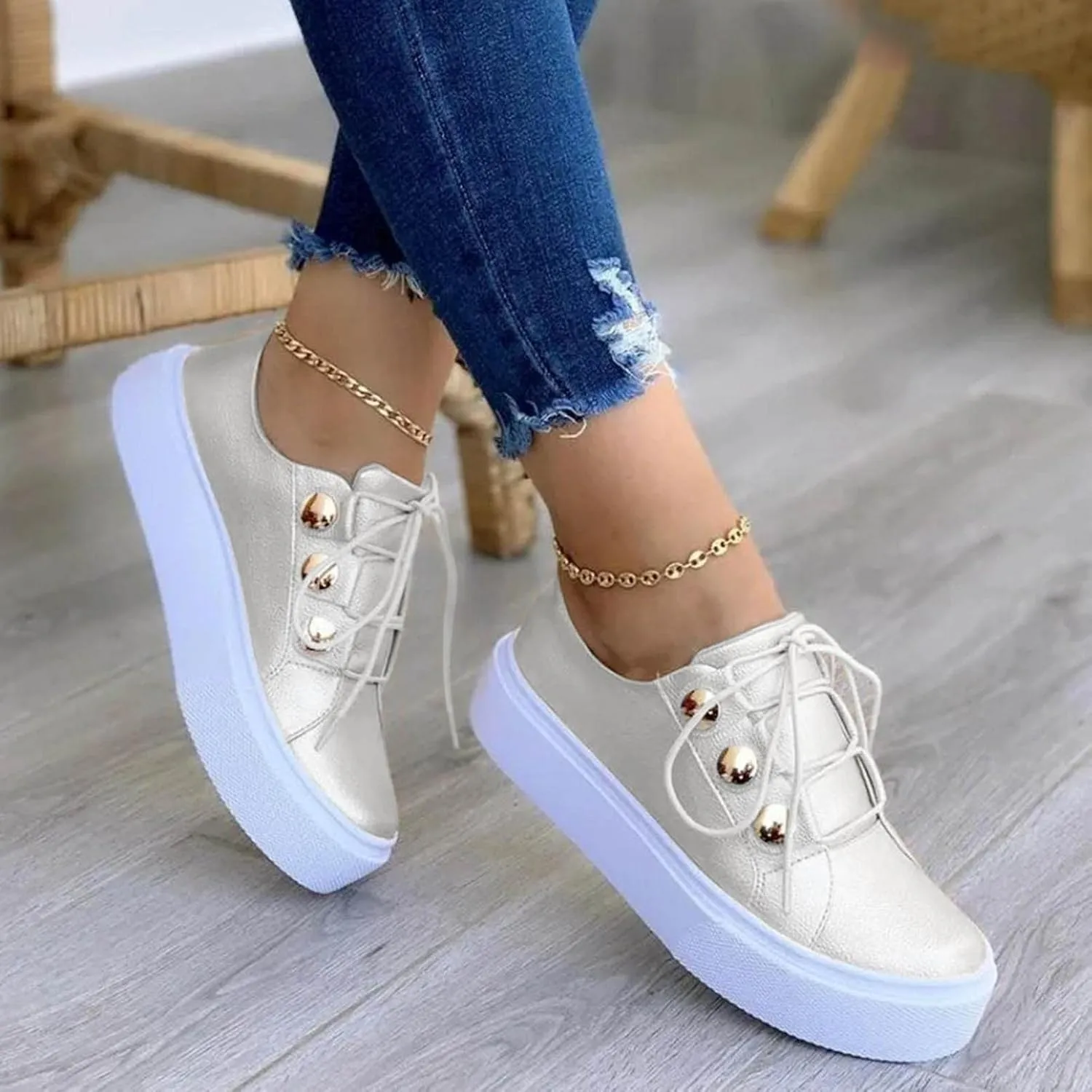 Hbeylia Platform Fashion Sneakers For Women Casual Leather Lace Up Chunky Bottom High Heels Slip On Flats Walking Shoes Low Top Play Sneakers Running Sport Shoes For Girls