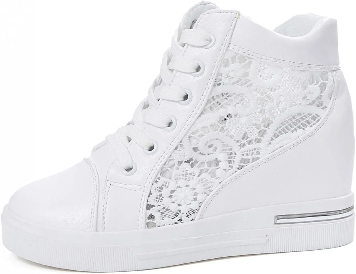 Hbeylia Platform Hidden Heels Sneakers for Women Lace Crochet Lace Up Chunky Bottom High Heels High Top Canvas Shoes Loafers