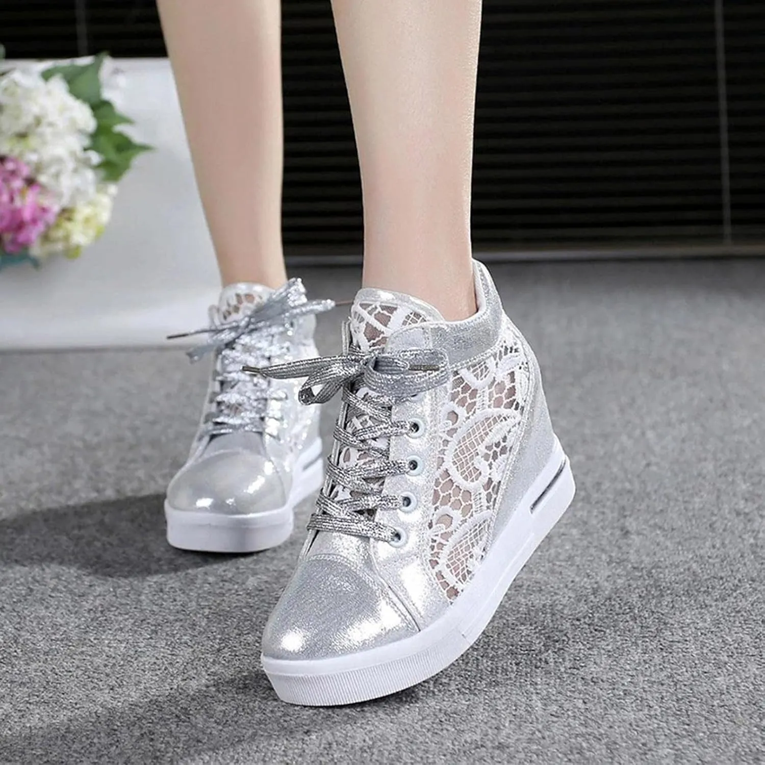 Hbeylia Platform Hidden Heels Sneakers for Women Lace Crochet Lace Up Chunky Bottom High Heels High Top Canvas Shoes Loafers