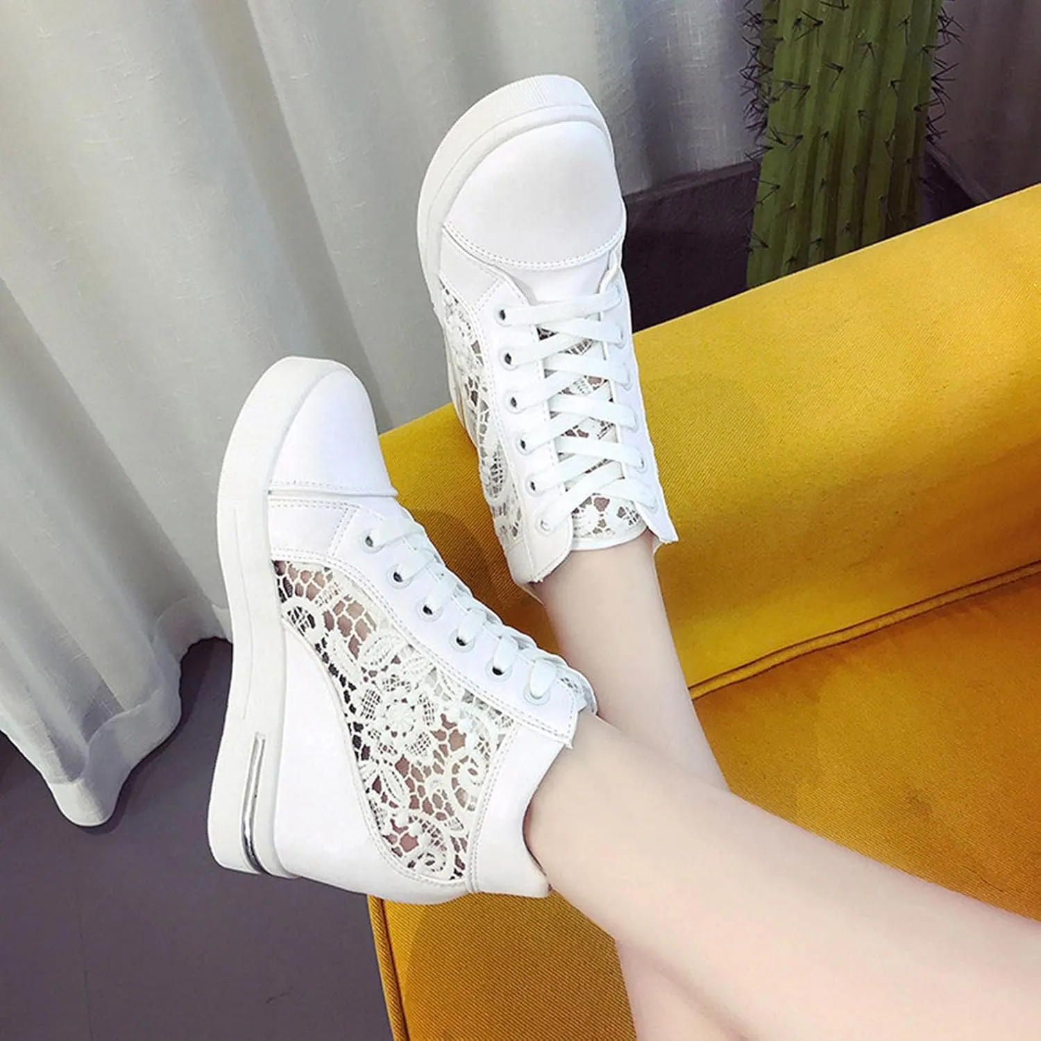 Hbeylia Platform Hidden Heels Sneakers for Women Lace Crochet Lace Up Chunky Bottom High Heels High Top Canvas Shoes Loafers