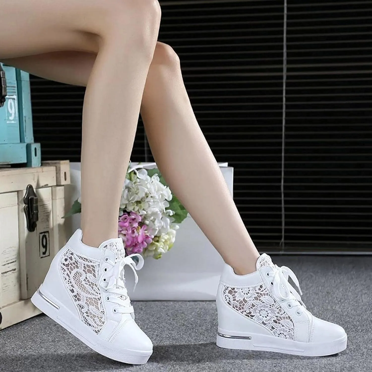 Hbeylia Platform Hidden Heels Sneakers for Women Lace Crochet Lace Up Chunky Bottom High Heels High Top Canvas Shoes Loafers