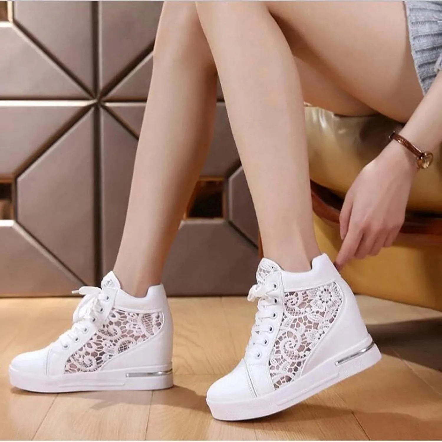 Hbeylia Platform Hidden Heels Sneakers for Women Lace Crochet Lace Up Chunky Bottom High Heels High Top Canvas Shoes Loafers
