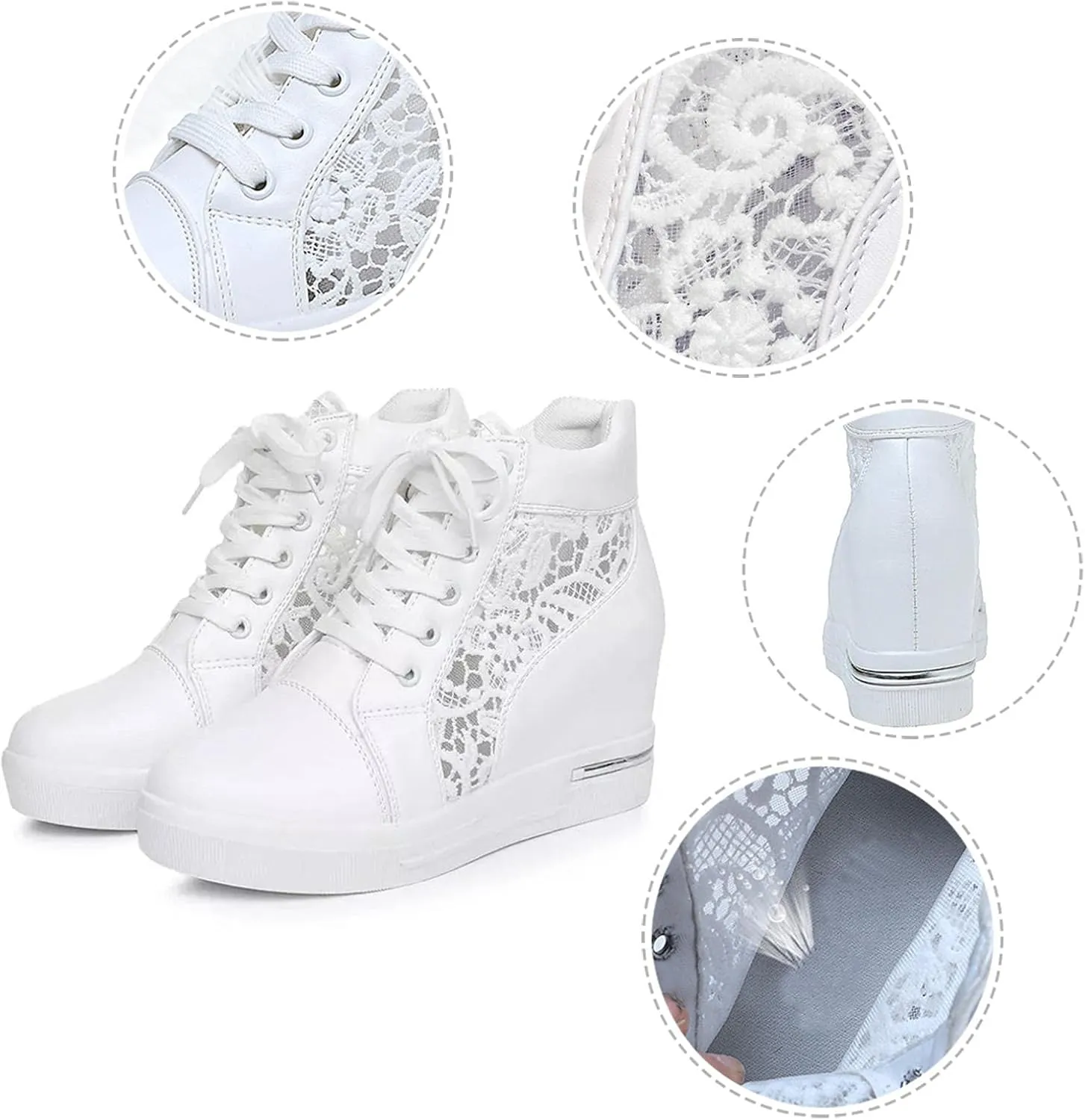 Hbeylia Platform Hidden Heels Sneakers for Women Lace Crochet Lace Up Chunky Bottom High Heels High Top Canvas Shoes Loafers