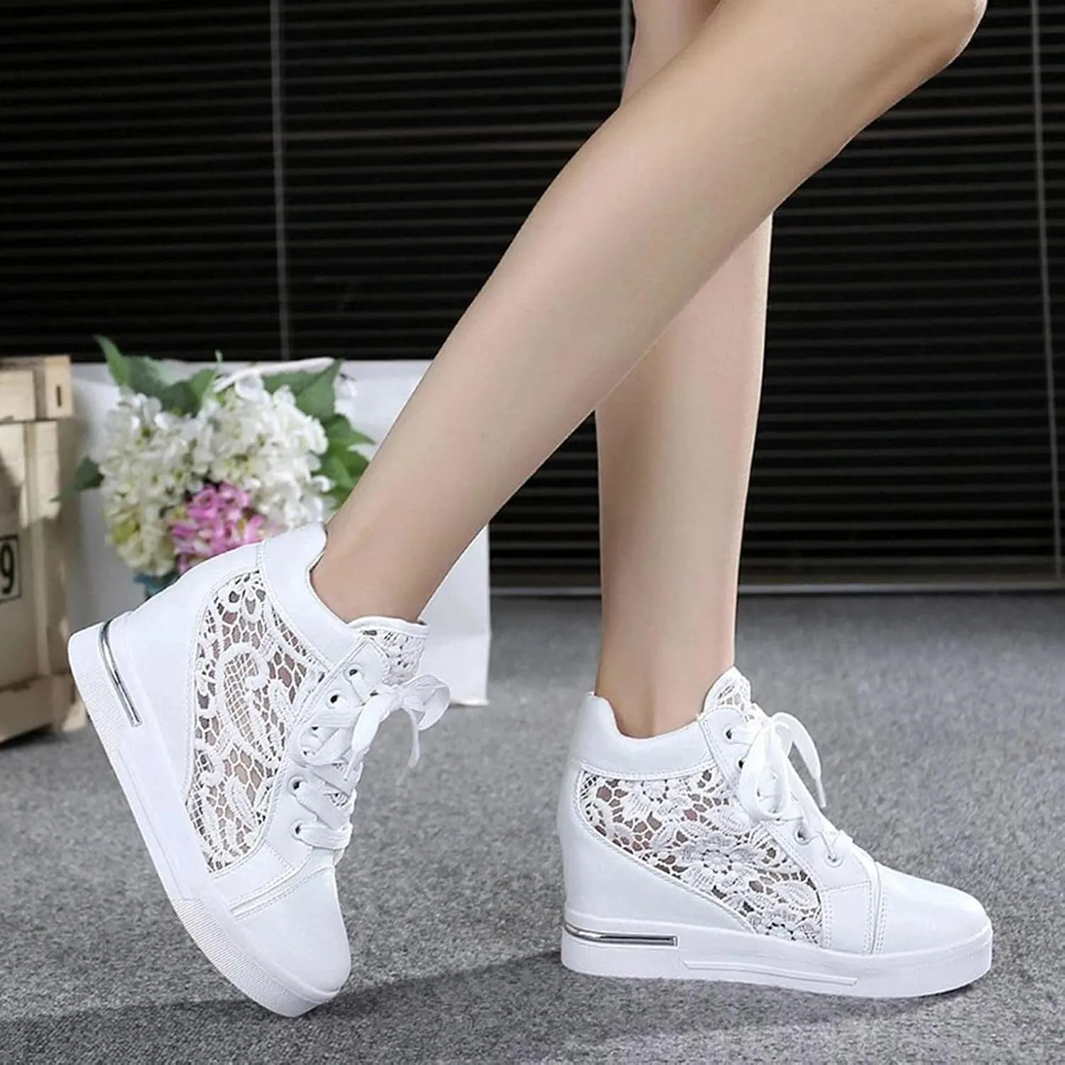 Hbeylia Platform Hidden Heels Sneakers for Women Lace Crochet Lace Up Chunky Bottom High Heels High Top Canvas Shoes Loafers