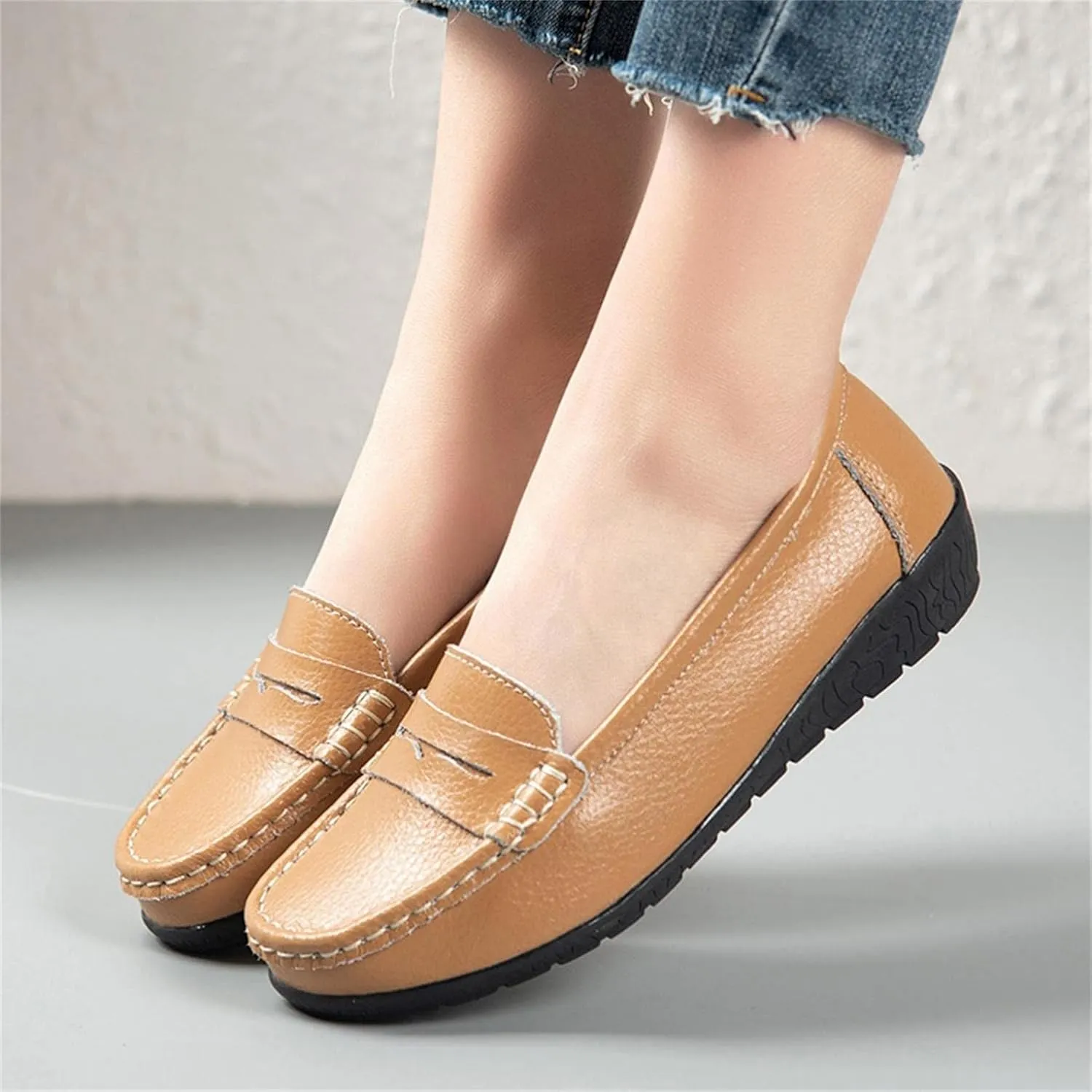 Hbeylia Women's Red Leather Slip On Loafers Fashion Casual Walking Shoes