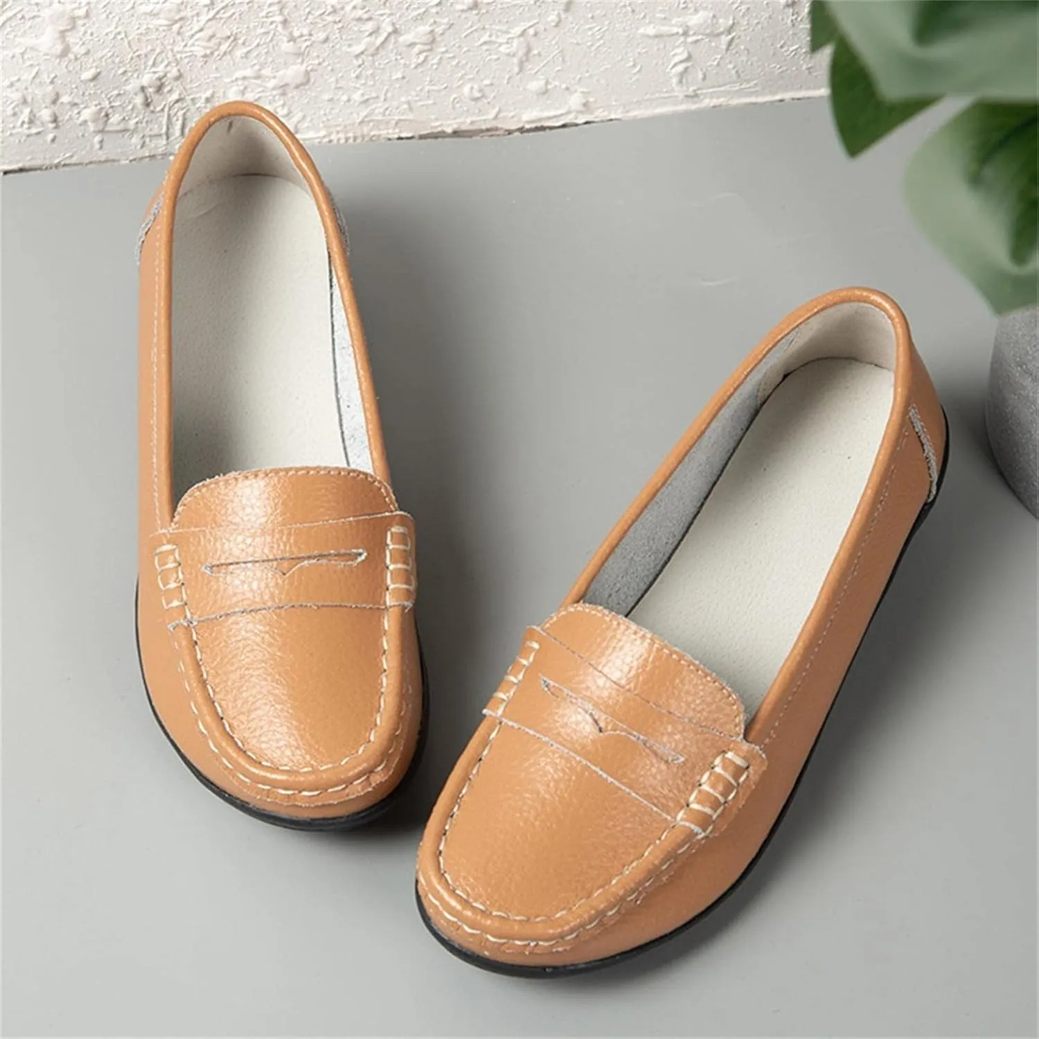 Hbeylia Women's Red Leather Slip On Loafers Fashion Casual Walking Shoes