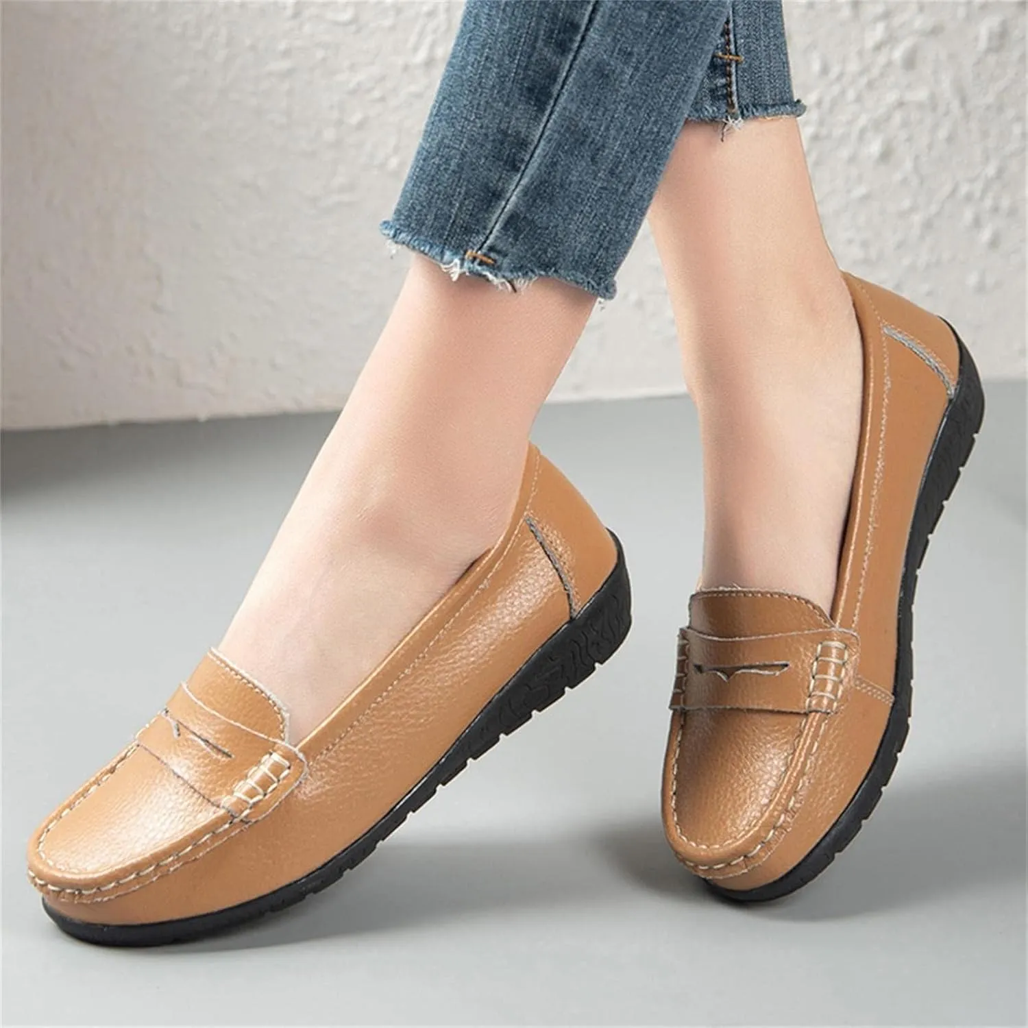 Hbeylia Women's Red Leather Slip On Loafers Fashion Casual Walking Shoes