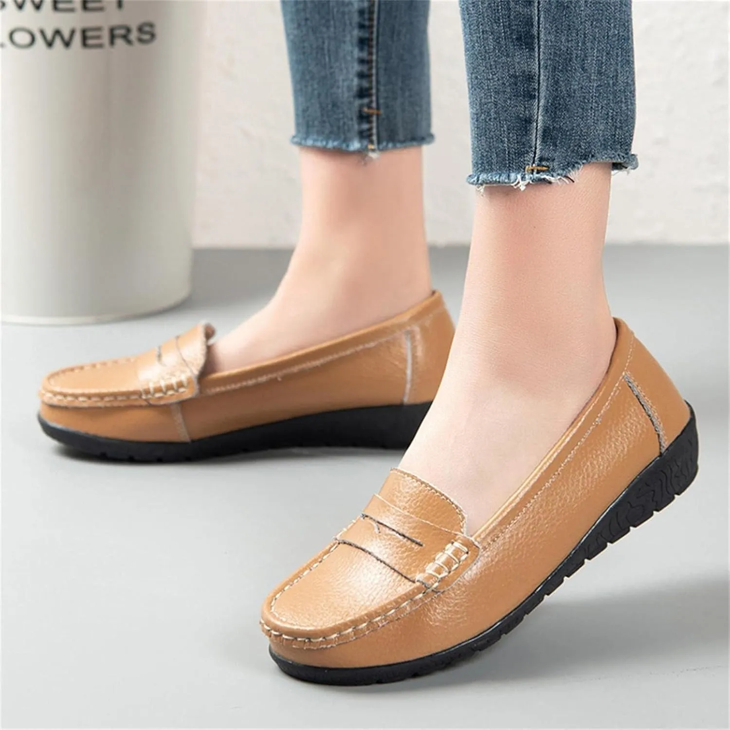 Hbeylia Women's Red Leather Slip On Loafers Fashion Casual Walking Shoes