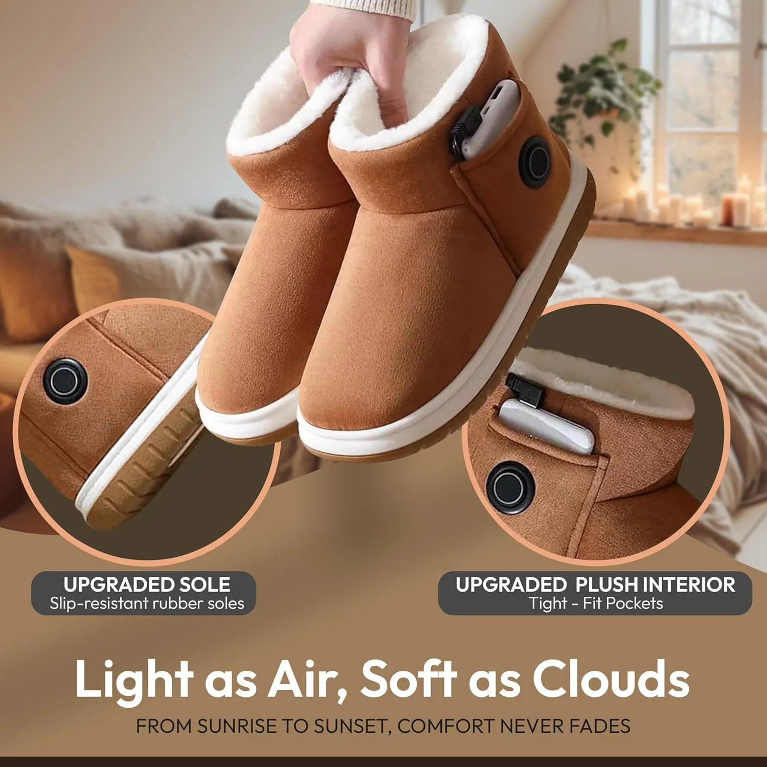 Heated Slippers for Women, Snow Resistant Foot Warmer Shoes For Women, Heated Boots, 3 Temperature Settings, Rechargeable 5000mAh Batteries, Heated Booties for Everyday Wear, Beige