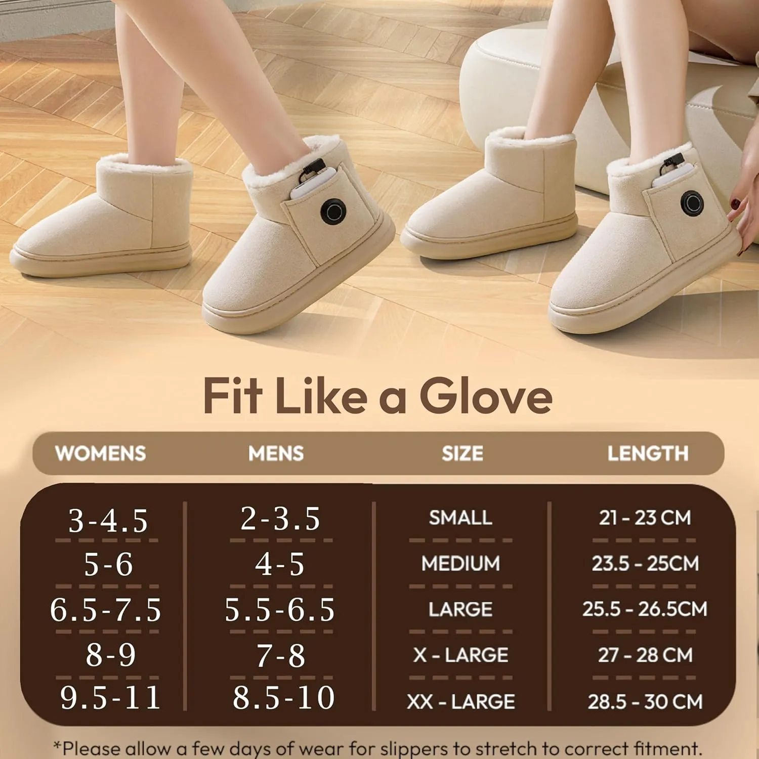 Heated Slippers for Women, Snow Resistant Foot Warmer Shoes For Women, Heated Boots, 3 Temperature Settings, Rechargeable 5000mAh Batteries, Heated Booties for Everyday Wear, Beige
