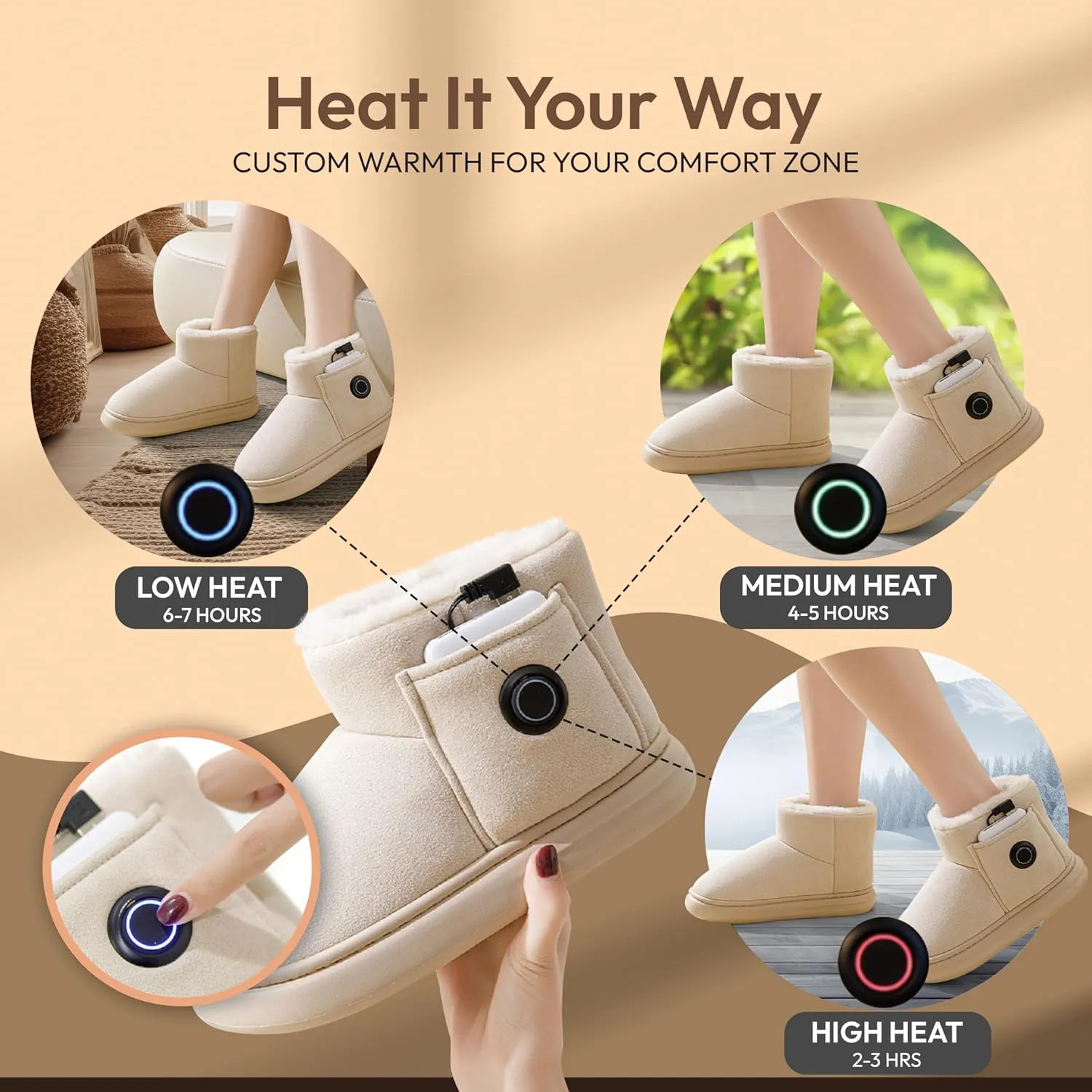 Heated Slippers for Women, Snow Resistant Foot Warmer Shoes For Women, Heated Boots, 3 Temperature Settings, Rechargeable 5000mAh Batteries, Heated Booties for Everyday Wear, Beige