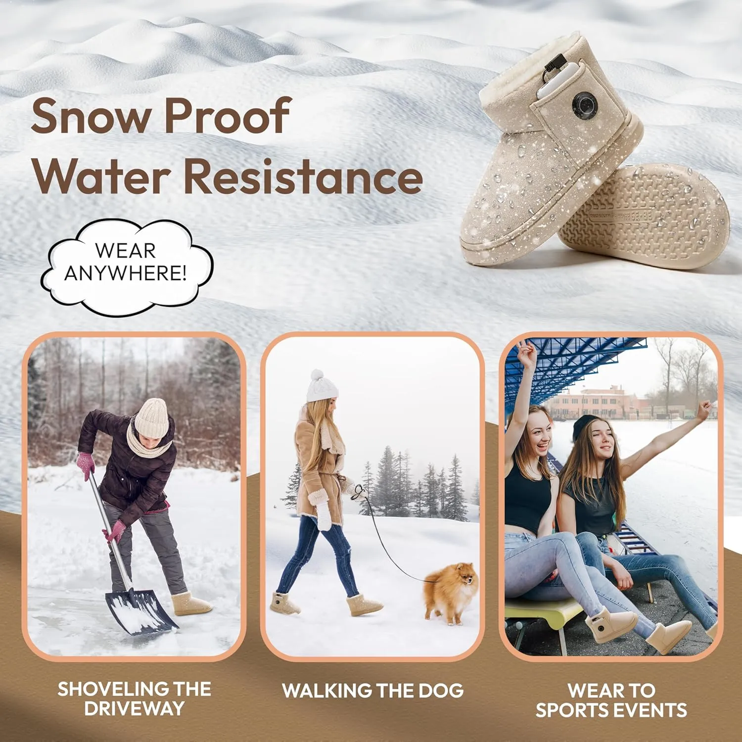 Heated Slippers for Women, Snow Resistant Foot Warmer Shoes For Women, Heated Boots, 3 Temperature Settings, Rechargeable 5000mAh Batteries, Heated Booties for Everyday Wear, Beige