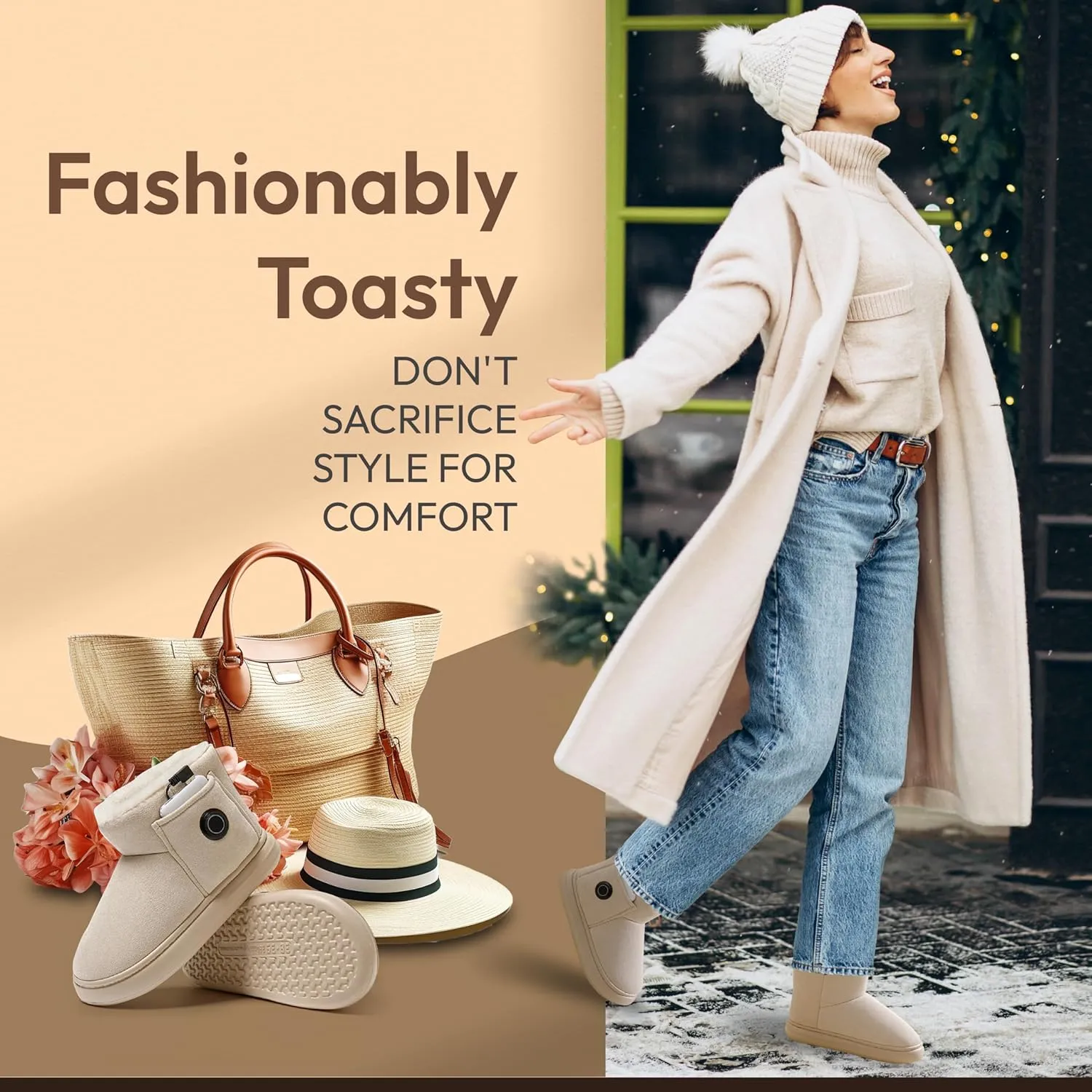 Heated Slippers for Women, Snow Resistant Foot Warmer Shoes For Women, Heated Boots, 3 Temperature Settings, Rechargeable 5000mAh Batteries, Heated Booties for Everyday Wear, Beige