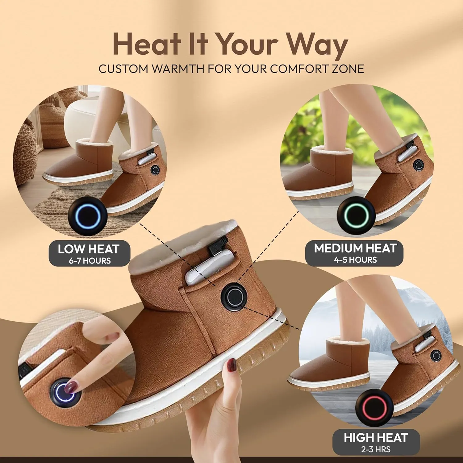 Heated Slippers for Women, Snow Resistant Foot Warmer Shoes For Women, Heated Boots, 3 Temperature Settings, Rechargeable 5000mAh Batteries, Heated Booties for Everyday Wear, Beige