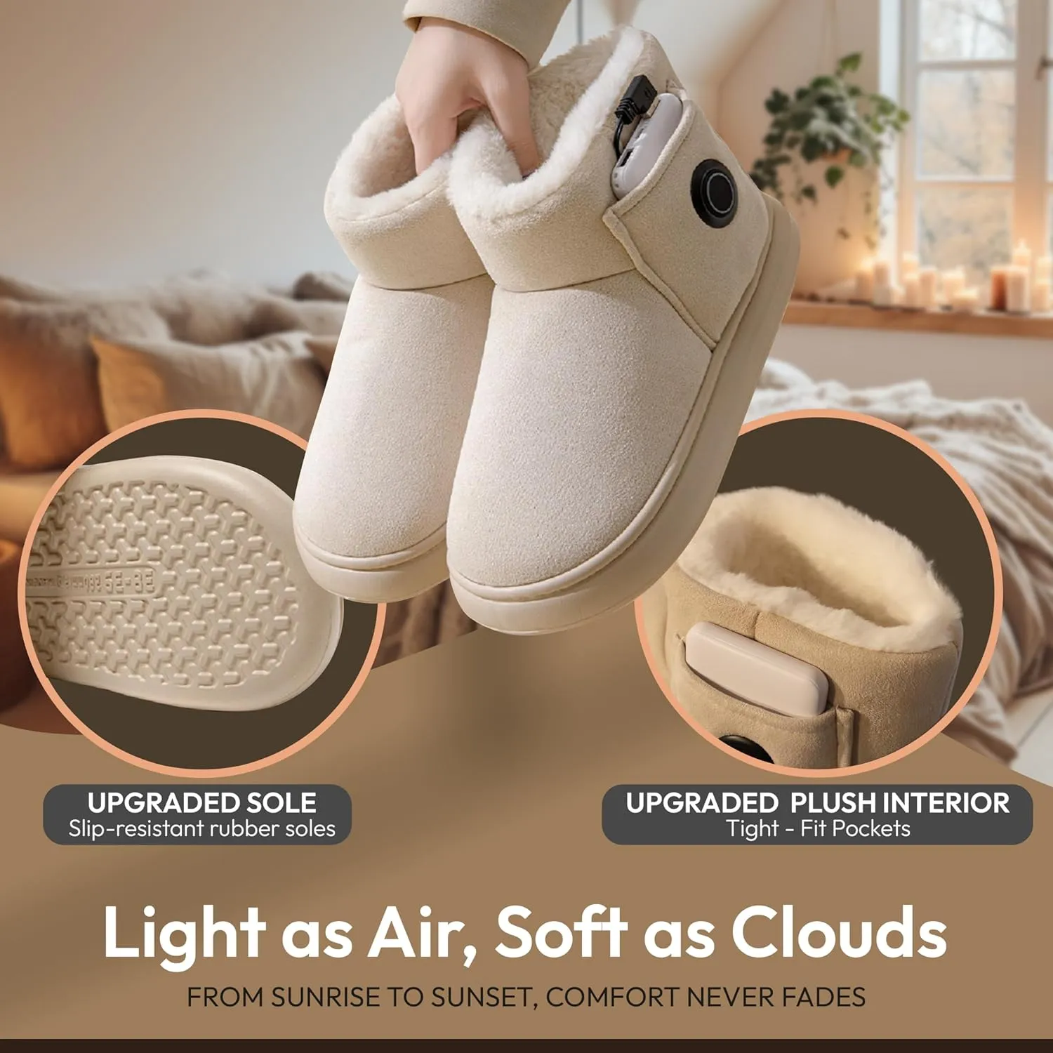 Heated Slippers for Women, Snow Resistant Foot Warmer Shoes For Women, Heated Boots, 3 Temperature Settings, Rechargeable 5000mAh Batteries, Heated Booties for Everyday Wear, Beige