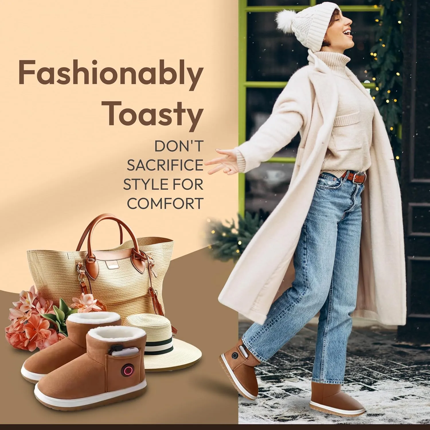 Heated Slippers for Women, Snow Resistant Foot Warmer Shoes For Women, Heated Boots, 3 Temperature Settings, Rechargeable 5000mAh Batteries, Heated Booties for Everyday Wear, Beige