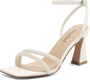 Heeled Sandals for Women Chunky Block High Heels Square Open Toe Sandals with Ankle Strap 3 Inch Dress Heels Comfortable