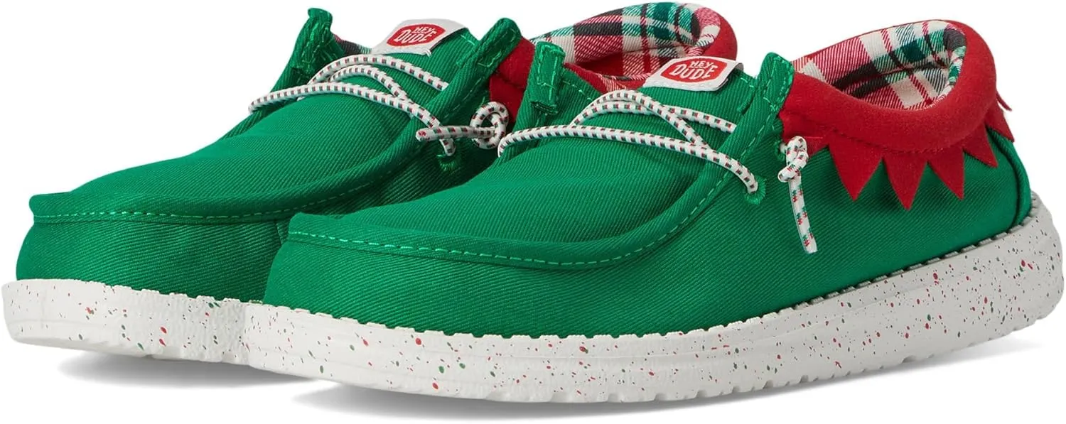 Hey Dude Kids Wally Holiday Elf (Little Kid/Big Kid) - Loafers for Kids - Canvas Upper - Cotton Lining