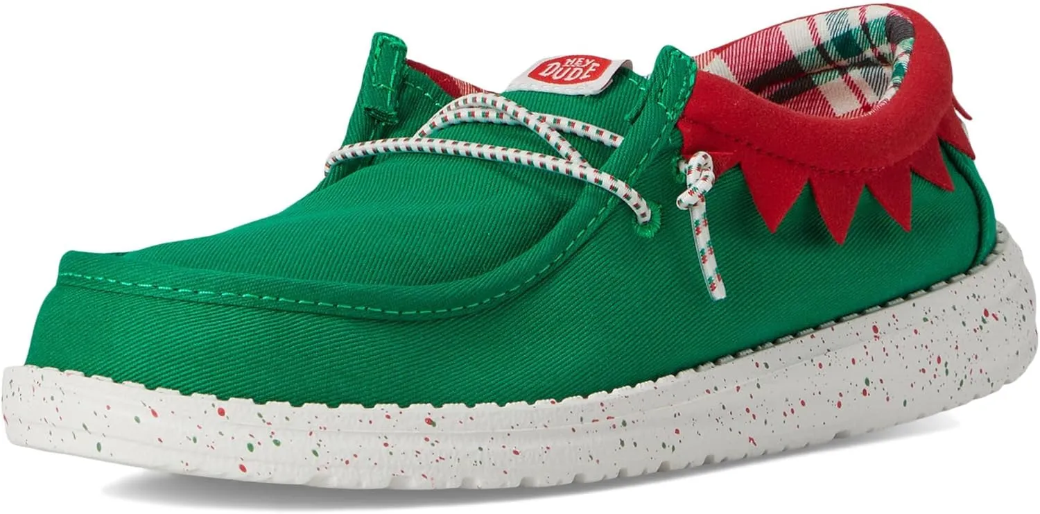 Hey Dude Kids Wally Holiday Elf (Little Kid/Big Kid) - Loafers for Kids - Canvas Upper - Cotton Lining