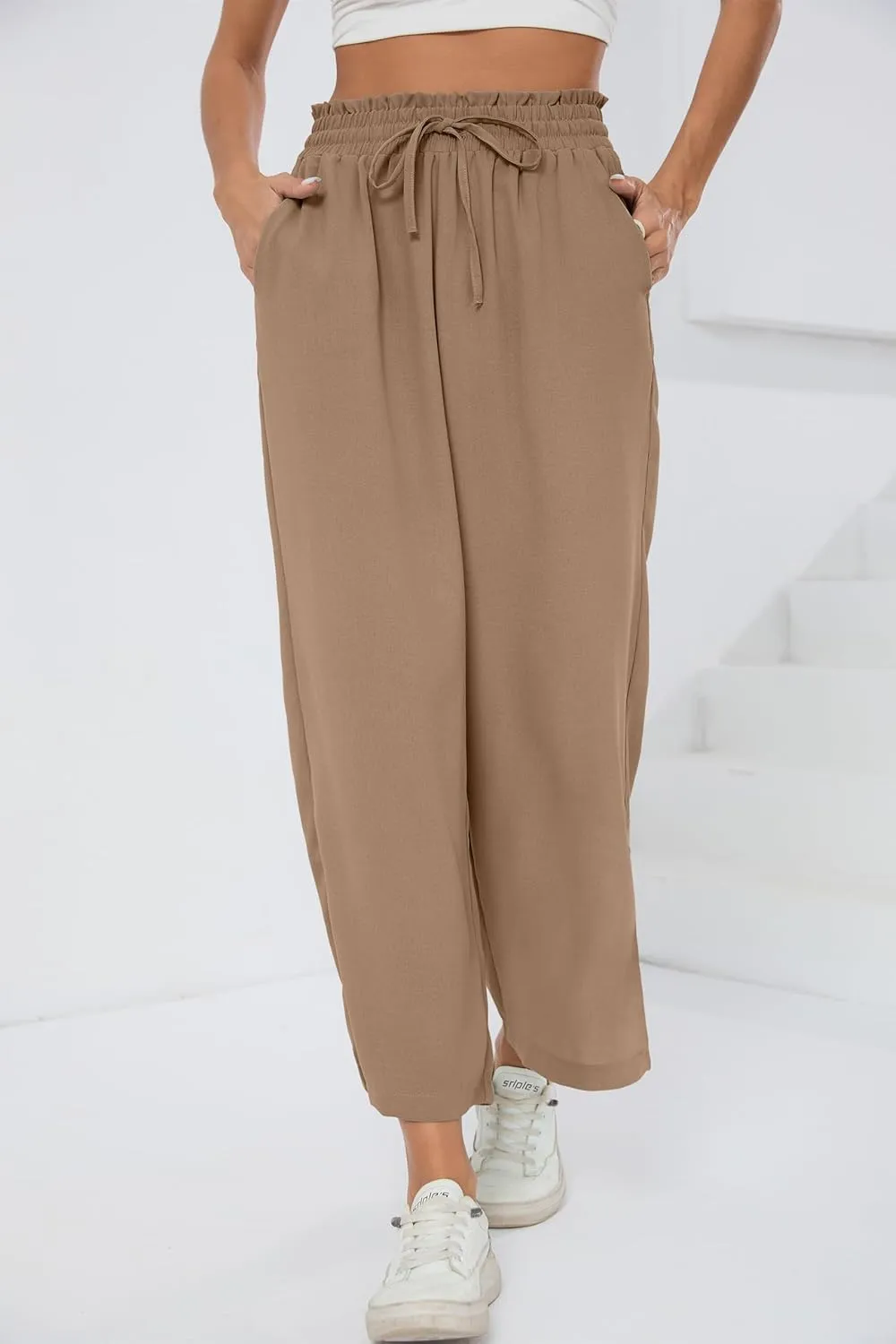 HIYIYEZI Womens Wide Leg Lounge Pants High Waisted Drawstring Casual Loose Palazzo Trousers with Pockets